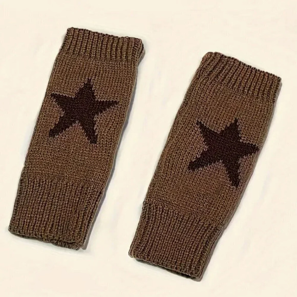 Women's Polyester Knit Fingerless Brown Gloves with Star pattern New - Picture 4 of 5